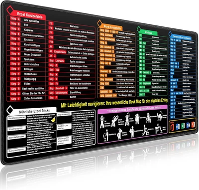 Mauspad XXL - Excel Shortcuts Schreibtischunterlage Deutsch 900X400Mm Gaming - Bild 1 von 4