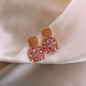 Vintage Pink Square Sparkly Crystal Earrings 925 Silver Women’s Jewelry Gift - Picture 1 of 4
