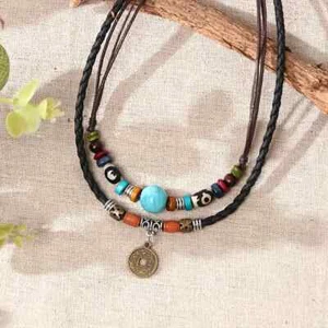 PU Leather Natural Boho Coin Necklace Pendant, Wooden Beads, Ethnic, Long Chain - Picture 1 of 6