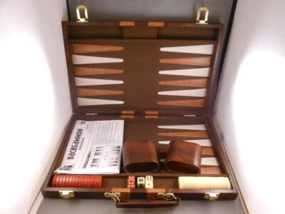 Complete Vtg Backgammon Game in Brown Vinyl & Brass Travel Case Doubling Cube - Image 1 of 4