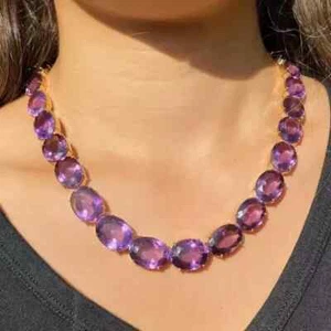 30CT Oval Cut Lab Created Amethyst Women's Necklace 14K Yellow Gold Finish - Picture 1 of 3