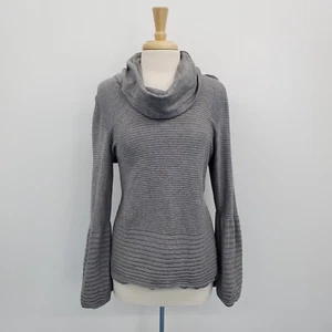Calvin Klein Womens Cowl Neck Sweater Size M Gray Ribbed Bell Sleeve Rayon Blend - Picture 1 of 15