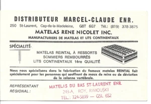 ANCIENNE CARTE PUBLICITAIRE DU DISTRIBUTEUR MARCEL-CLAUDE ENR. CAP-DE-LA-MADELEI - Picture 1 of 1