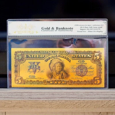100mg 24K Gold 1899 $5 Dollars Silver Certificate Chief Large Banknote White COA - Image 1 of 2