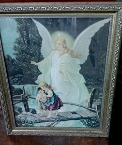 **AWESOME VINTAGE   CATHOLIC RELIGIOUS GUARDIAN ANGEL FRAMED PICTURE.. NICE!** - Picture 1 of 7