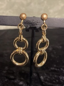 vintage Gold Tone 8 Double Circle Dangle Earrings Clip 2.5 Inch - Picture 1 of 5