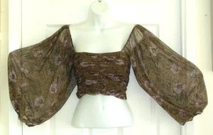 Free People Brown Black Lilac Boho Festival Mesh Smocked Crop Top Balloon Slv XS - Picture 1 of 17