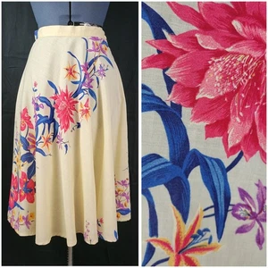 Vintage Creamy Beige Circle Skirt w Pink/Blue/Yellow Florals Size XS? 26" Waist - Picture 1 of 13
