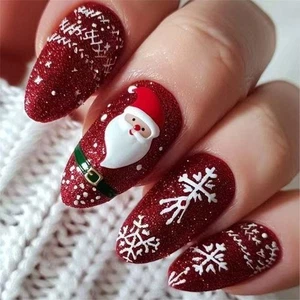 Festive Red Glittering Press On Nail 24Pcs Santa Snowflake Artwork ABS NAil Set - Picture 1 of 8