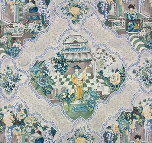 P KAUFMANN TEAHOUSE TOILE TEA GREEN ASIAN CHINOISERIE COTTON FABRIC BY YARD 54"W - Picture 1 of 7