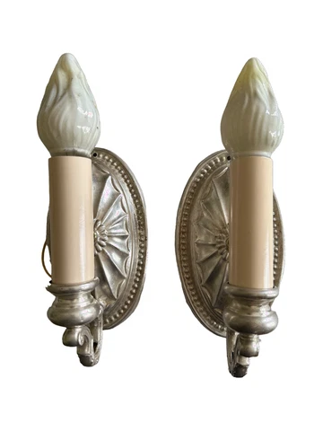 Pair Art Nouveau Sconces Dull Silver Light Fixture   ORIGINAL Restored Cover