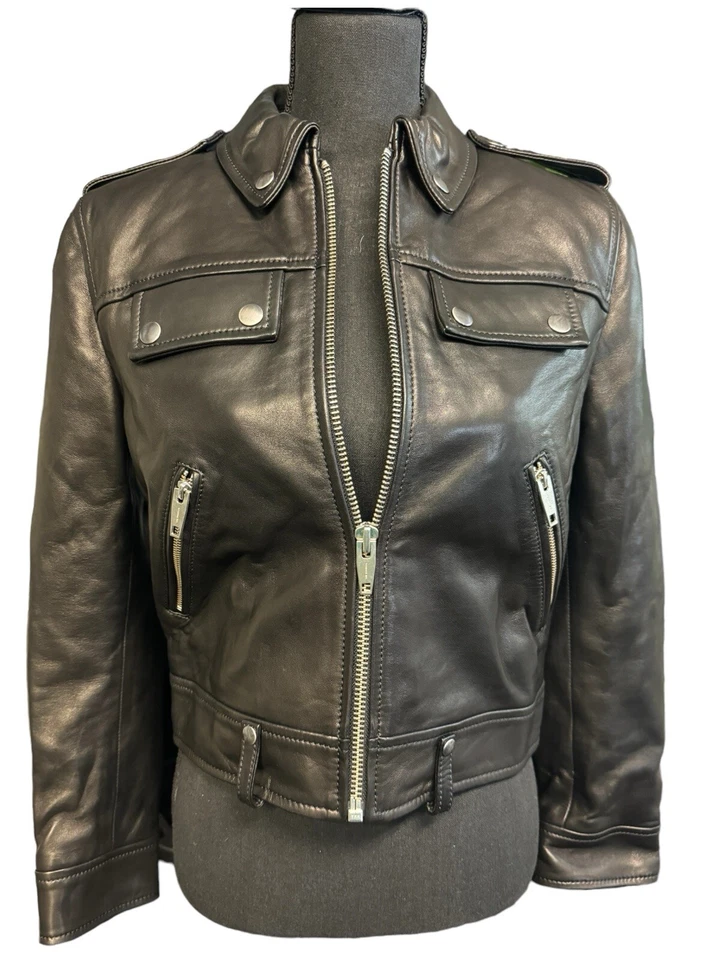 Chaqueta de motociclista The Kooples de cuero de cordero negra para mujer talla 3 nueva con etiquetas Foto 1 de 4