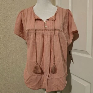 Lucky Brand Womens Pintuck Ladder Stitch Top Coral Blouse NWT Size Medium - Picture 1 of 9