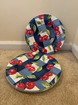 Melamine 4 pc CHERRY BUFFALO CHECK DINNER  PLATES July 4th Patriotic 11" - Image 1 of 2