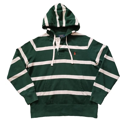 Polo Ralph Lauren Hoodie Mens L Green White Stripe Logo Pullover Waffle Fleece - Image 1 of 4