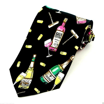 Corbata para hombre vino y champán rojo blanco corchos sacacorchos botellas corbata negra Foto 1 de 2