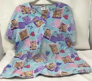Simply Basic Blue w/Teddy Bears Scrub Top Two Pockets Side Slits V Neck Size M - Picture 1 of 5
