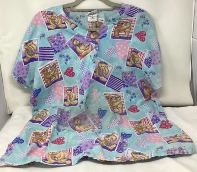 Simply Basic Blue w/Teddy Bears Scrub Top Two Pockets Side Slits V Neck Size M - Image 1 of 4