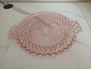 PINK DEPRESSION GLASS HANDLED PLATTER WATERFORD WAFFLE PATTERN BY ANCHOR HOCKING - Picture 1 of 6