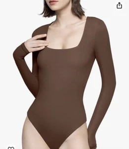 Women's Brown Square Neck Long Sleeve Bodysuit Sexy Tops Leotards L. (T) - Picture 1 of 6