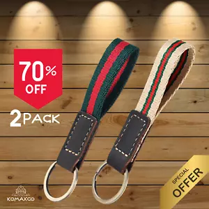 Leather Stripe Ribbon Keychain Belt Loop Lanyard Key Ring Green Red Beige 2 Pack - Picture 1 of 16