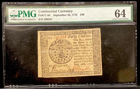 Continental Currency Sept. 26, 1778 $40 PMG Choice Uncirculated 64 Cover
