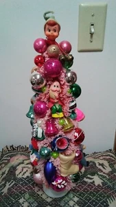 PINK BOTTLE BRUSH CHRISTMAS TREE WITH VINTAGE MERCURY GLASS ORNAMENTS 14" TALL - Picture 1 of 11