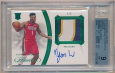 ZION WILLIAMSON 2019/20 FLAWLESS RC EMERALD AUTO 3 COLOR PATCH 3/5 BGS 9 MINT 10