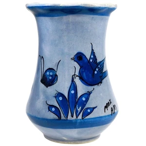 Vintage Tonalá Pottery Vase – Signed Blue Bird & Butterfly – 5.5" Mexico Art - Picture 1 of 7