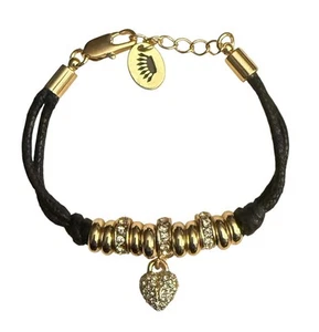 Vtg Juicy Couture Bracelet Pave Crystal Heart Charm Gold Beads Black Cord 6”-6.5 - Picture 1 of 6