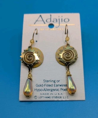 Adajio Earrings Golden Yellow Disc w/ Gold Plated Sun & Bead Drop Handmade US - Image 1 of 4
