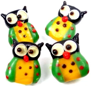 4 Lampwork Handmade Glass Lovely Owl Beads - Yellow Green - Picture 1 of 4