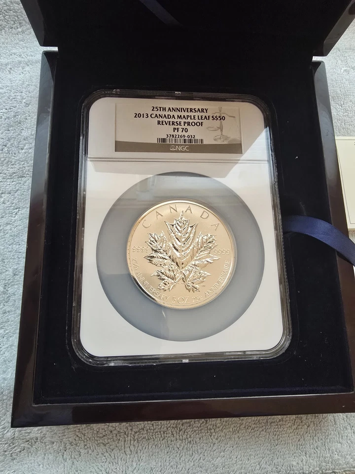 2013 Rare 25th Anniv. Canada 5 Oz Silver Maple Leaf $50 NGC PF70 Reverse Proof ! - Image 1 of 4