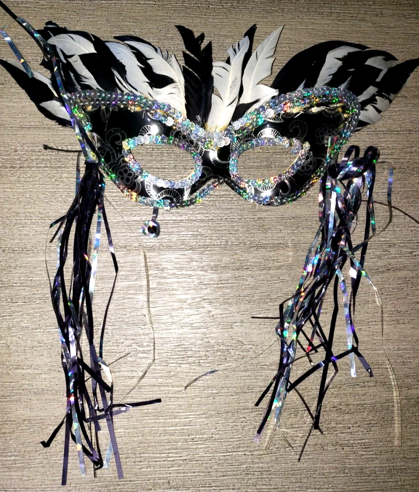 women MARDI GRAS STYLE EYE MASK silver black feathers sequins tinsel fancy!! - Image 1 of 1