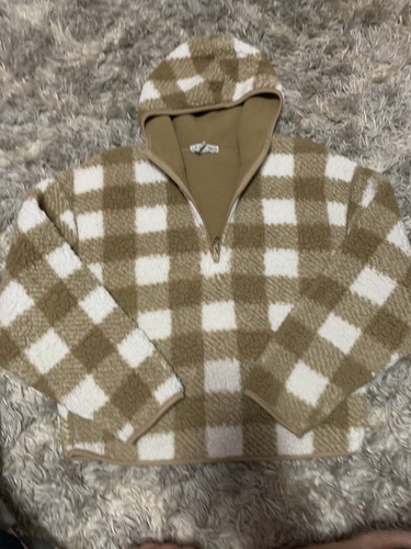 OFF WHITE Felpa con cappuccio mezza zip Fuzzy marrone una crema a quadri LA cresciuta taglia small
