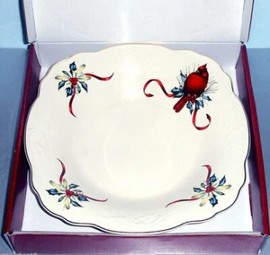 Lenox Winter Greetings Carved Low Bowl Square 10.75" Cardinal Scalloped Edge New - Picture 1 of 3