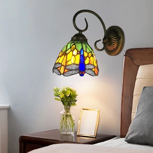 Lámpara de pared antigua Tiffany interior lámpara de pared pantalla de vidrio de colores libélula lámpara de pared - Imagen 1 de 14