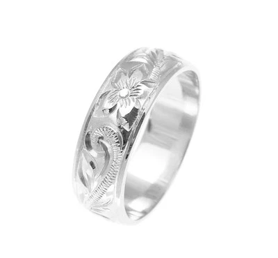 14K WHITE GOLD HAND ENGRAVED HAWAIIAN PLUMERIA SCROLL BAND RING SMOOTH EDGE 6MM - Image 1 of 3