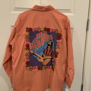 Women’s Custom Jimi Hendrix Upcycled Salmon Corduroy Pearl Snap Band Shirt SZ L - Picture 1 of 9