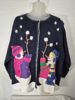 Quacker Factory Blue Button-Up Cardigan Sweater Snowman With Marshmallow 2X NWT - Image 1 of 4