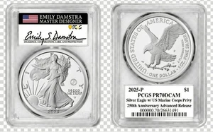 2025 P ASE 250th ANNIVERSARY OF THE MARINES PRIVY PCGS PF70 AR DAMSTRA PreSale  - Picture 1 of 3