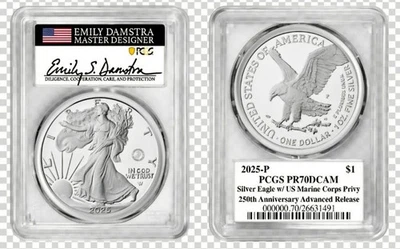 2025 P ASE 250th ANNIVERSARY OF THE MARINES PRIVY PCGS PF70 AR DAMSTRA PreSale  - Image 1 of 3