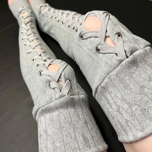 Corset Leg Warmers Gray Cotton Lace Up Knee Socks Warm Sweatshirt Leggings Knit - Picture 1 of 5