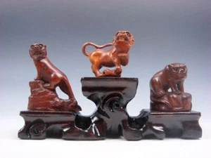 3 Japanese Boxwood Detailed Hand Carved Tiger Netsuke w/ FREE STAND #01182305 - Picture 1 of 9