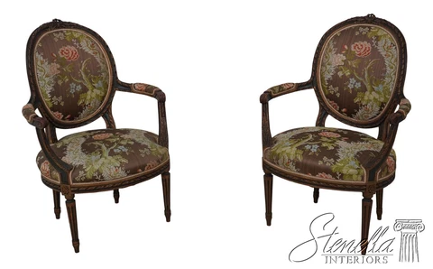 F60505EC: Pair Vintage French Louis XVI Fine Carved Armchairs Cover