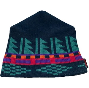 Wigwam Knit CAP winter HAT Blue Aqua Red Orange Shapes tribal Native American OS - Picture 1 of 6