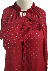 TIME and TRU Women Red Gold Ruffle Neck Pullover Blouse Semi-sheer L(12/14)#GDOT - Picture 1 of 2