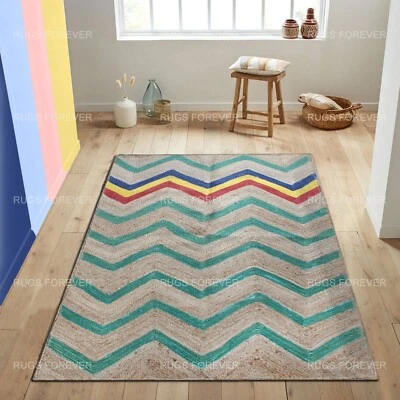 Indio Mano Trenzado Yute Azul Cuarto de Estar Área Alfombra Cocina Decor - Imagen 1 de 4