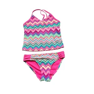 Girls M 7-8 Children's Place Neon Pink Green Aztec Tankini Bikini Swim Set - Picture 1 of 2