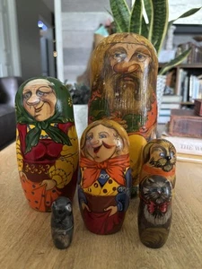 Vintage russische Matroschka verschachtelte Puppe 6 Stück Märchenszene 8 Zoll handbemalt signiert - Bild 1 von 22